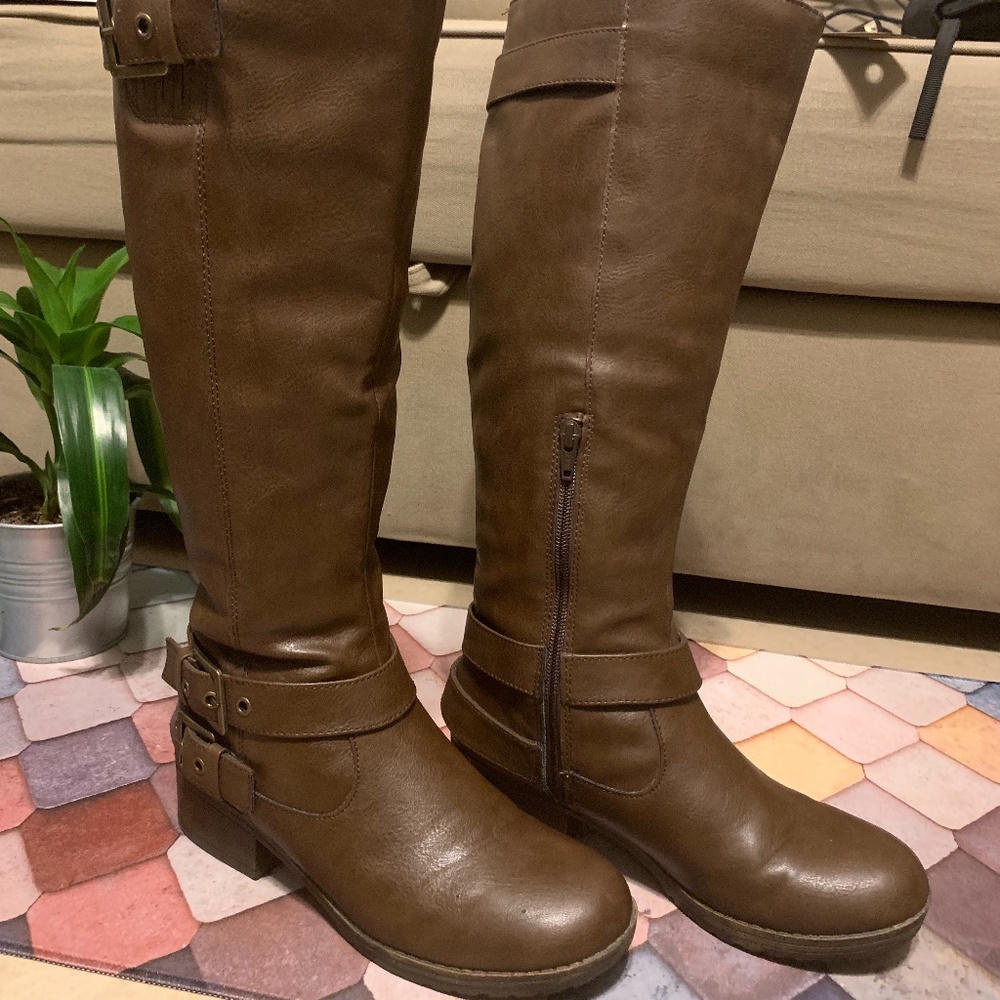 Women's Knee High Boots Biker Low Heel Block Wide Calf Riding Boot Shoes BROWN